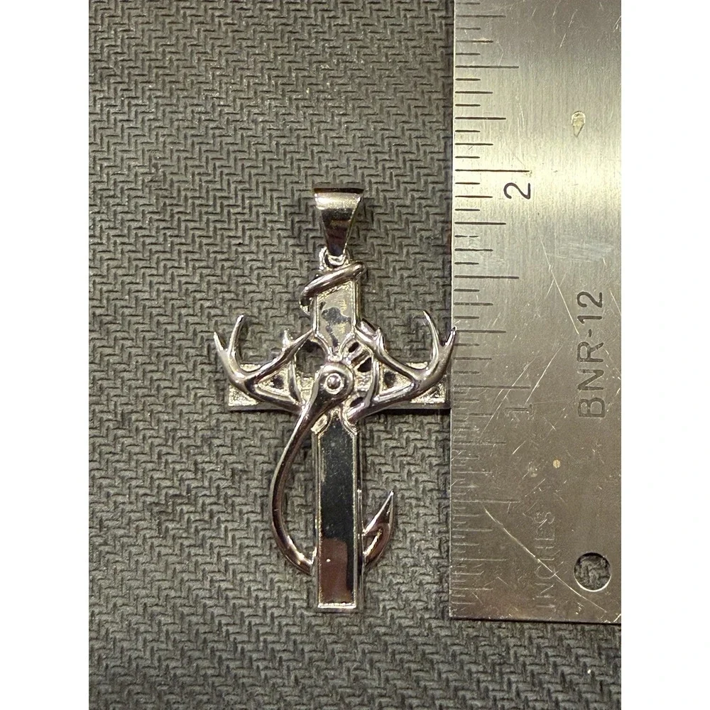 925 Sterling Silver Cross Hook Antler Pendant Christian Hunting Jewelry‎